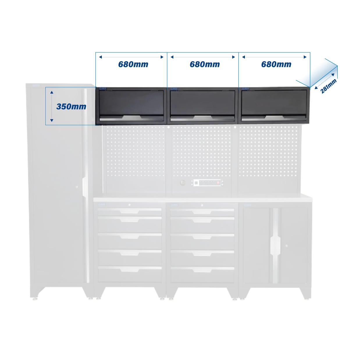SGS 10pc Modular Garage Storage | 10 Drawers | Stainless Steel Worktop | Floor Cabinet | Tall Single Cabinet | 3x Upper Cabinets | Pegboard with Power Strip